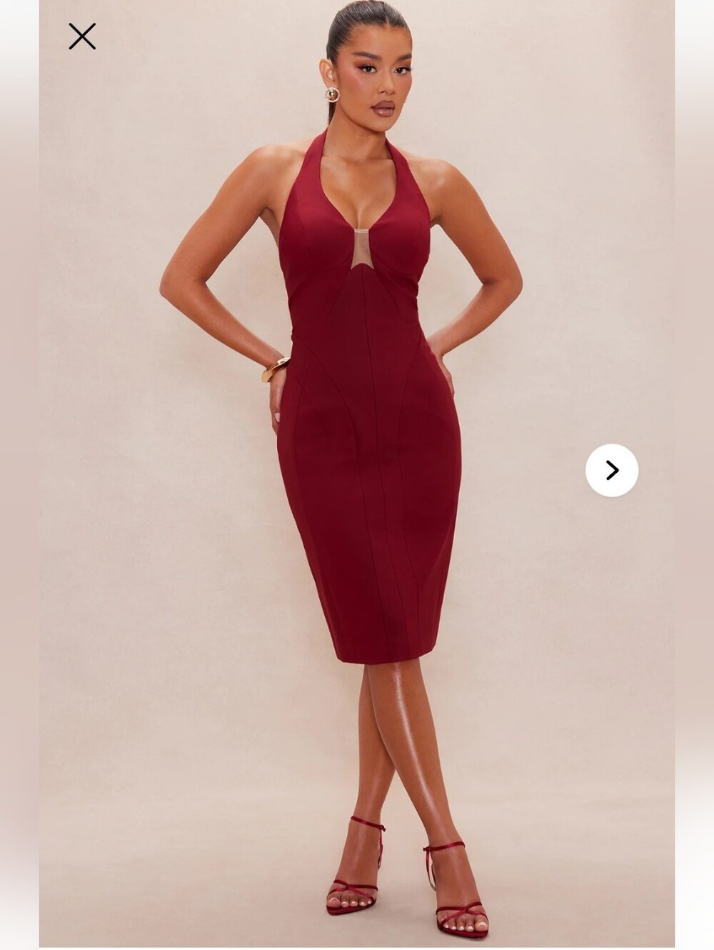 Halter Bodycon Midi Dress in Deep Wine. Comes In Burgendy.